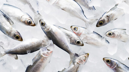 Fresh Horse Mackerel, trachurus on Ice. Seafood background. Generative AI