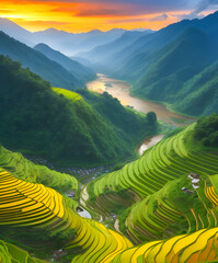 Beautiful rice terraces. Surrounded by mountains and sunset. ai generated