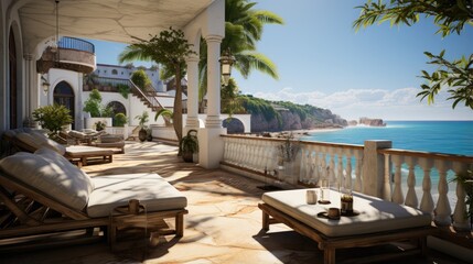 Fototapeta premium Outdoor beach villa balcony deck, with natural beach views
