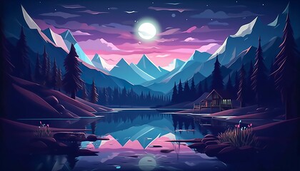 Moonlight mountain scene, house beside a lake. - obrazy, fototapety, plakaty