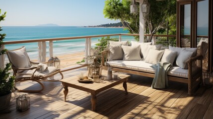 Fototapeta premium Outdoor beach villa balcony deck, with natural beach views