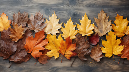 autumn leaves fallen on a wooden background soft color pastel frame