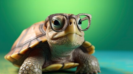 A cute little green turtle with glasses