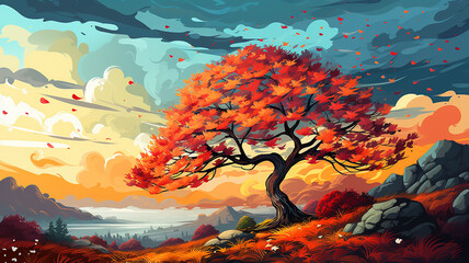 multicolored autumn tree is a symbol of nature on an unusual background computer graphics logo
