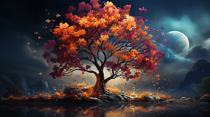 multicolored autumn tree is a symbol of nature on an unusual background computer graphics logo - obrazy, fototapety, plakaty