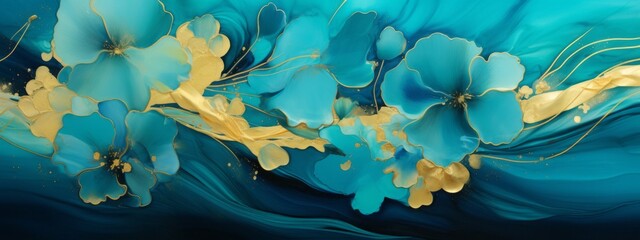 Abstract painted oil acrylic painting of white flowers with gold deatils and dark blue moody background wallpaper texture illustration.