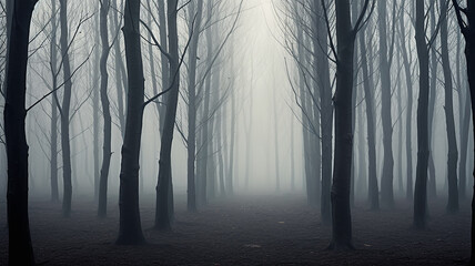 landscape mystical white fog in the autumn depressive forest, sadness loneliness mood
