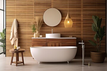 Interior of stylish bathroom with wooden cabinet, sink, bathtub, and mirror. - obrazy, fototapety, plakaty