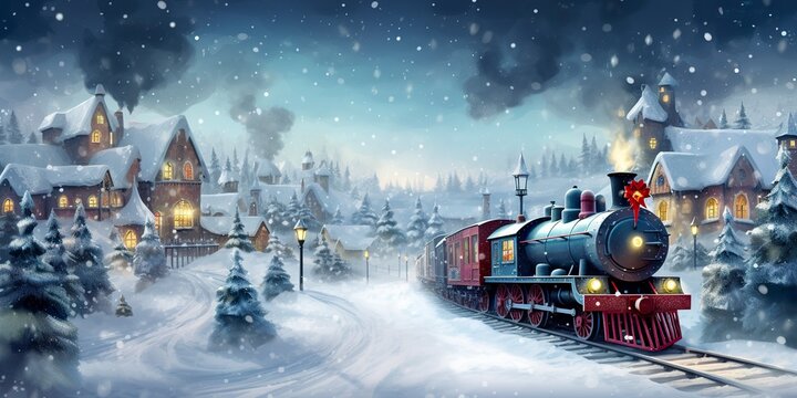 19th century train going throw a village in winter with a snow background.