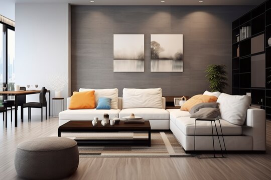 Modern living room with sofa and furniture.