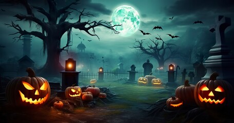 Fototapeta na wymiar Pumpkins In Graveyard In The Spooky Night, Halloween Backdrop.