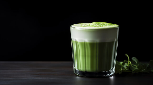 Green matcha latte in a glass mug is displayed on a dark background with green leaves.