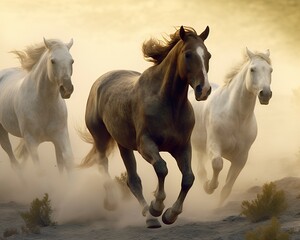 A group of horses running on the land.