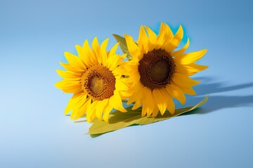 Two sunflowers in the sunny ambience. Light blue background with shadow.