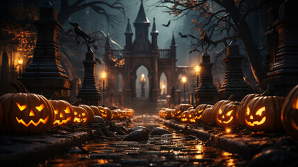 Fototapeta na wymiar Jack-o'-lantern pumpkins In Graveyard In The Spooky Night.