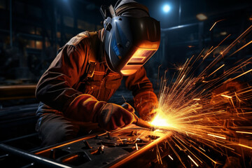 Welder in protective mask welds metal at the factory. Metalwork and construction concept.