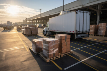 truck unloading cargo at warehouse, freight transportation and logistics concept
