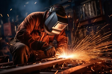 Welder in protective mask welds metal at the factory. Metalwork and construction concept.