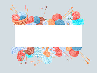 Knitter watercolor logo, frame, border, illustration. Crochet. Knitting needles. Knitting thread. Yarn, skein, ball. Needlework, craft, hobby. Vintage. Isolated. For printing on card, sticker, label