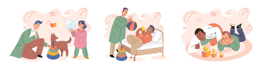 Game together. Family fun. Friendship time. Vector illustration. We had happy fun activity playing games and creating unforgettable memories Board games provide excellent opportunity for quality