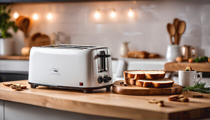 Fototapeta na wymiar A white toaster containing freshly toasted bread against the backdrop of a luxurious kitchen style