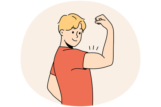 Smiling young man showing muscles. Happy healthy guy demonstrate muscular toned body. Sport and physical activity. Vector illustration.