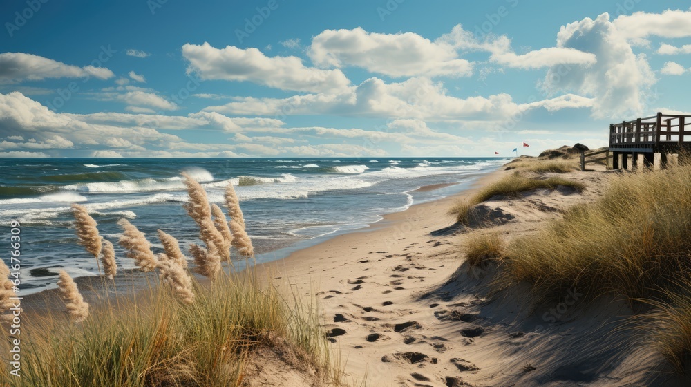 Wall mural panorama of sand dunes along the Sea, the feel of an old wooden bridge