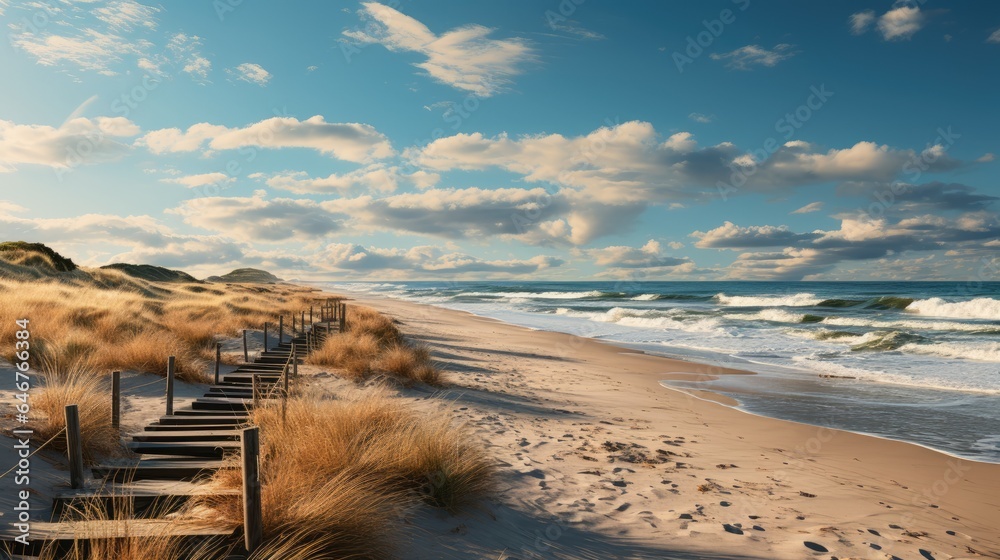 Canvas Prints panorama of sand dunes along the Sea, the feel of an old wooden bridge