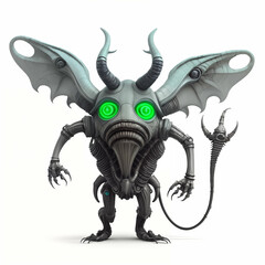 Obraz premium Biomechanical Monster with horns and wings. Isolated on white background. Generative AI.