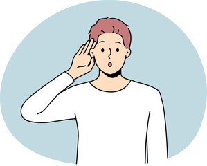 Young man make hand gesture listening to news on information. Confused male wonder about gossip or hearsay. Vector illustration.
