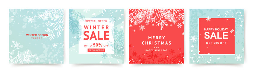 Winter holidays square banner templates with Christmas tree branches and snowflakes. Winter sale on social networks. Vector for greeting card, mobile app, design social media post, poster, flyer  - obrazy, fototapety, plakaty