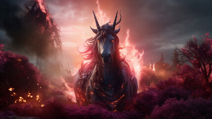 Un unicornio con fuego rosa de pie en un paisaje envuelto en llamas. - obrazy, fototapety, plakaty