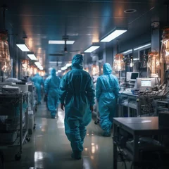 Fotobehang Blurred background with a team of surgeons at work in the operating room or laboratory with employees, dark key, AI generated. © FAB.1