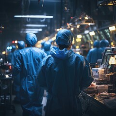 Blurred background with a team of surgeons at work in the operating room or laboratory with employees, dark key, AI generated.