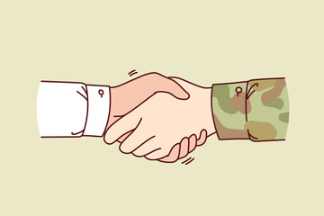 Handshake between soldier and civilian symbolizing support of military after returning from hostilities. Hands of officer and manager at moment of handshake, for concept collaboration with army