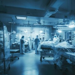 Blurred background with a team of surgeons at work in the operating room or laboratory with employees, dark key, AI generated.