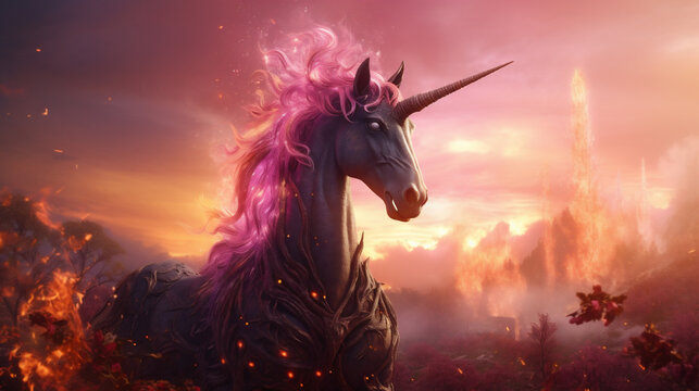 Un unicornio con fuego rosa de pie en un paisaje envuelto en llamas.