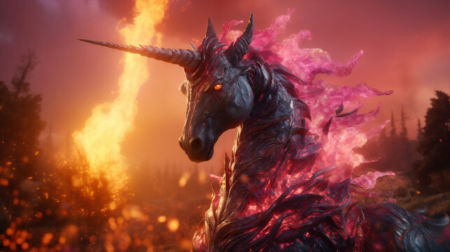 Un unicornio con fuego rosa de pie en un paisaje envuelto en llamas.