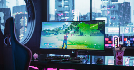 Empty Futuristic Cyberpunk Room with Neon Lights with a Professional Gaming Station. Ultra Wide Curved Monitor with Shooter Video Game Standing on a Stylish Glass Table