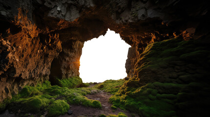 fantasy stone cave entrance. transparent PNG file. Hollow cavity grotto tunnel. 