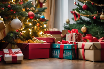 Fototapeta na wymiar Unwrapping the Magic of Christmas: A Gift Box and Radiant Tree
