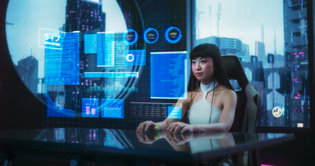 Stylish Japanese Young Woman Interacting with an Augmented Reality Hologram with Business Data, Financial Reports, Stock Market Statistics, Infographics and Charts. Futuristic and Cyberpunk Aesthetics