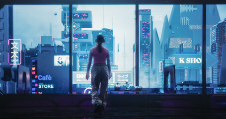 Cosplay Model Wearing Headphones, Walking Towards a Window with a Futuristic Sci-Fi City with Neon...