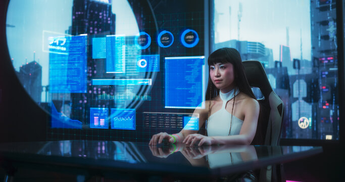 Stylish Japanese Young Woman Interacting with an Augmented Reality Hologram with Business Data, Financial Reports, Stock Market Statistics, Infographics and Charts. Futuristic and Cyberpunk Aesthetics