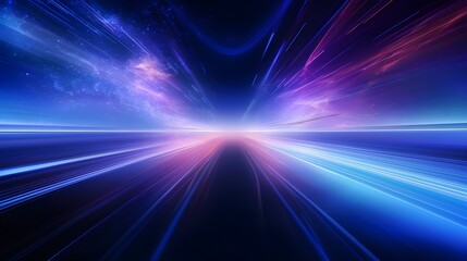 High-speed blur zoom effect, neon color motion on a speedway, panoramic high-speed technology concept, lights abstract background. Sci-fi illustration with neon lights and road. Generative AI.