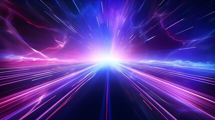 High-speed blur zoom effect, neon color motion on a speedway, panoramic high-speed technology concept, lights abstract background. Sci-fi illustration with neon lights and road. Generative AI.