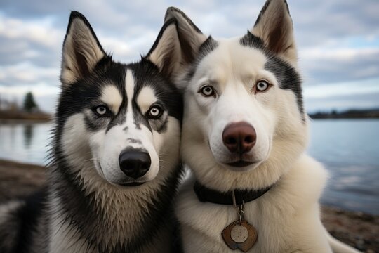 Selfie portrait of two husky dogs