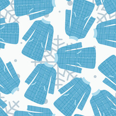 Seamless pattern with winter clothes. Coats, The vector set of winter clothes isolated on white. Seasonal Background for Textile, Decoration, Banner, Template. Flat style illustration.