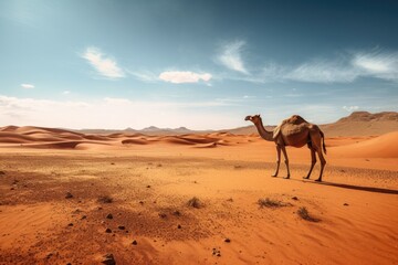 a landscape photo of a vast desert landscape, with a lone camel