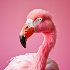 Naklejka premium Close-up portrait of a pink flamingo on a pink background.